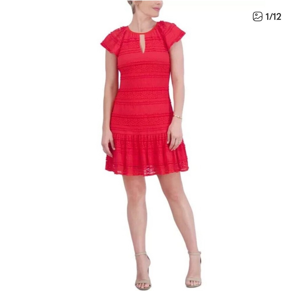 Jessica Howard Red Lace Flutter‎ Sleeve Dress Size 14 NWT Cocktail Wedding